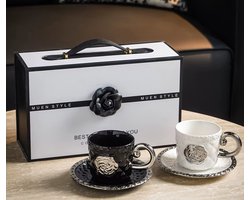 Muen Style Luxe Koffiekop & Schotel - Keramiek - Zilveren Roos Cadeauset - Luxe Cadeaudoos