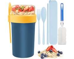 Mueslibeker to go, 760 ml + 230 ml, 5 stuks yoghurtbekers met lepel en vork, lekvrije mueslibeker met kleine kruidenbox, yoghurtbeker, groot voor werk, school, picknick, reizen (blauw)