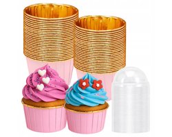 Muffin Vormpjes - 50 stuks - Roze-Goud design - Aluminium voering - Met transparante deksels