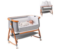 MuffyMouse Co Sleeper Babybedje – Baby Wieg met Matras – 6 Hoogtes – Schommelbed met Muggennet – Meegroeibed – Opbergmand – Verrijdbaar – Grijs