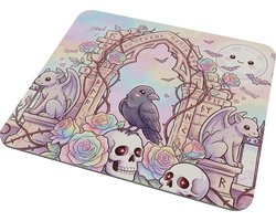 Muismat Kawaii Raaf - Schattige Kraai Gothic Boog - Pastel Regenboog Mousepad - Alternatieve Bureau Accessoires - Skull en Rozen Mousepad - Cadeau voor haar: Vriendin & Collega - Magische Vogel Computer Onderlegger - Grijze Raaf