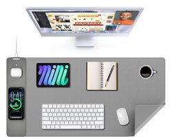 Muismat met 15W draadloos opladen, XXL grote leren bureau-onderlegger, waterdichte gaming-muismat, thuiskantoor-onderlegger, computertoetsenbord-onderlegger, grijze muismat.
