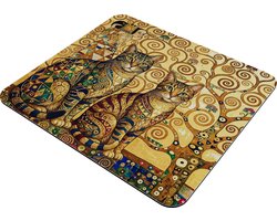 Muismat - Twee Cyperse Katten & Muze in Gouden Tuin - Artistiek Bureau Accessoire - Cadeau voor haar: Vrouw Vriendin & Collega - Reeks Gustav Klimt Stijl Dieren - Unieke Art Nouveau Print - Sfeervol Thuiswerken