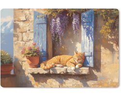 Muismat XXL 120x80 cm - Bureau onderlegger - Bureau mat Kat - Stenen vensterbank - Bloemen - Bureaumat - Gaming mousepad xl - Bureaulegger groot - Computer deskmat