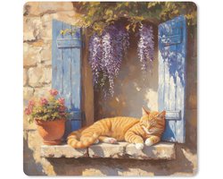 Muismat XXL 40x40 cm - Bureau onderlegger - Bureau mat Kat - Stenen vensterbank - Bloemen - Bureaumat - Gaming mousepad xl - Bureaulegger groot - Computer deskmat