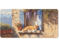 Muismat XXL 80x40 cm - Bureau onderlegger - Bureau mat Kat - Stenen vensterbank - Bloemen - Bureaumat - Gaming mousepad xl - Bureaulegger groot - Computer deskmat