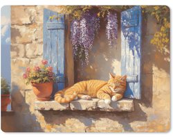 Muismat XXL 80x60 cm - Bureau onderlegger - Bureau mat Kat - Stenen vensterbank - Bloemen - Bureaumat - Gaming mousepad xl - Bureaulegger groot - Computer deskmat