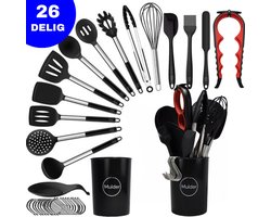 MULDER Siliconen Keukengerei Set met Houder XL - Kookgerei Set 26 delig - BPA-Vrij & Plastic Vrij - Ophangbaar - Incl. Opener - Zwart