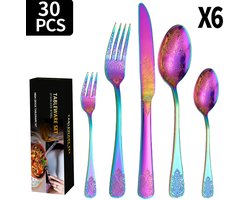 Multicolor bestekset 30-delig, roestvrijstalen bestekset voor 6 personen, bestekset met mes, vork en lepel, bestekset voor thuis, restaurant en feest