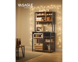 Multifunctioneel 7 Laag Inkt Zwart Staal Keuken Rek Magnetron Kast- Verstelbare Planken & Lade & 6-S Haken Bruin Eik Houtspaanplaat 40x80x180,4cm 22,8 kg- Opbergrek - Stellingkast Berging Laadvermogen 150Kg- Werk Oppervlak40x80cm 50Kg Haak 5Kg Garage