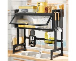 Multifunctioneel Afwasrek voor Boven de Spoelbak – 2-Lagen – 85 cm – Met Opbergrek, Bestekhouder & Glazen Front – Zwart Metaal – Afdruiprek – 73590