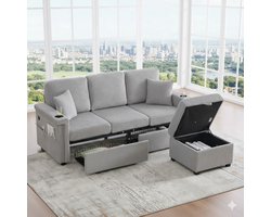 Multifunctioneel Gestoffeerd Bed 90x200 cm met Uitschuifbaar Onderschuifbed, USB Poort en Linnen Bekleding – 2-in-1 Dagbed en Slaapbank voor Jongens – Modern Design, Grijs