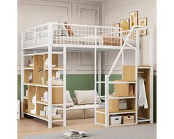 Multifunctioneel hoogslaper 140 x 200 cm met opbergruimte, metalen bed, opbergbed met planken en opbergtrap, kledingkast met eenvoudige hangkast, ijzeren bed, A (wit)