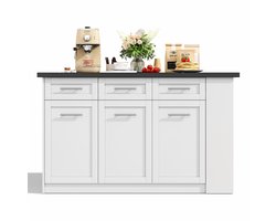 Multifunctioneel keukeneiland (150 cm + 96 cm), witte uitschuifbare eettafel, zwart/wit gemarmerd houten werkblad/tafelblad, geïntegreerde opbergkasten, ideaal voor gezinskeukens en gezamenlijke diners.