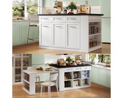 Multifunctioneel keukeneiland met 150 cm + 96 cm, witte uitschuifbare eettafel, zwart/wit gemarmerd houten aanrecht/tafel, geïntegreerde opbergkasten, ideaal voor gezinskeukens, potluck-diners