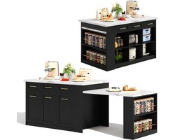 Multifunctioneel keukeneiland van 150 cm + 96 cm, zwarte uitschuifbare eettafel, wit gemarmerd houten werkblad/tafel, geïntegreerde opbergkasten, ideaal voor gezinskeukens, potluck-diners