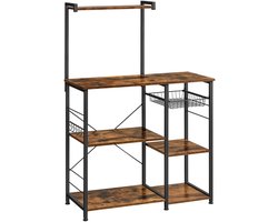 Multifunctioneel keukenrek, magnetronrek en bakrek met 6 legplanken, metalen mand en 6 S-haken, 40×90×132 cm, bruin en zwart, verstelbare poten, stabiel metalen frame, modern eenvoudig design, geschikt voor keuken, eetkamer of slaapkamer, koffiehoek