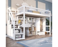Multifunctioneel kinderbed 90x200 - Massief hout + Wit MDF - Lattenbodem + Opbergtrap - Bureau + Kledingkast - Omkeerbare trappositie - Ruimtebesparend - Bevordert leren - Stevig materiaal