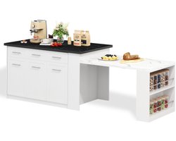 Multifunctioneel kookeiland met 150cm+96cm, witte uitschuifbare eettafel, zwart/wit gemarmerd houten werkblad/tafel, geïntegreerde opbergkasten, voor familiekeukens, potluck-diners