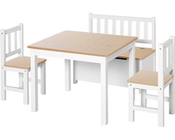 Multifunctioneel Speelhoek Tafel Set bestaat uit 1 Kindertafel & 2 stoelen & 1 Bank met Opslag - Spelen / Opbergen / Extra Zitgedeelte/ Eten - Afgeronde Randen - MDF Grenen Houten Poten, voor Stabiliteit - Grote extra Opbergruimte onder de Zitbank