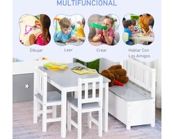 Multifunctioneel Speelhoek Tafel Set Kindertafel & 2 stoelen & Bank met Opslag GRIJS & WIT- Spelen / Opbergen / Extra Zitgedeelte/ Eten - Afgeronde Randen - MDF Grenen Houten Poten voor Stabiliteit- Extra Opbergruimte onder de Zitbank Tafel 60x50x48