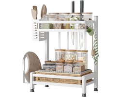 Multifunctioneel Staand Kruidrek met 2 Niveaus, Roestvrijstalen Kruidhouder, Keuken Organizer met Bestekhouder, Snijplankhouder en Haak voor Efficiënte Werkbladopslag