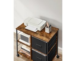 Multifunctioneel Stalen Archiefkast 4 Universele Wielen, Kantoorkast & 2 Stoffen Laden, Open planken, Documenten A4-formaat- Letterformaat, Thuiskantoor, Vintage Bruin-Inktzwart - Dossiergarderobe, Kantoorgarderobe Robuuste Constructie tot 91 KG