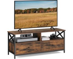 Multifunctioneel TV-kast 2 Open Vakken 2 Lades Ruim Tafelblad Stalen Frame 4 Verstelbare Poten 30,4kg 55 inch tv Woonkamer - 2 Laden 2 Opbergplanken - Rustiek Bruin & Zwart 120x40 x50cm Robuust Staal Hoogwaardige Houtspaanders Stevige Dressoir <75 kg