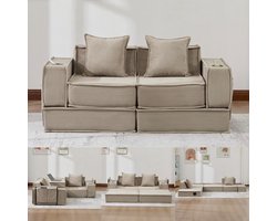 Multifunctionele 2-Zits Bank, Moderne Tweepersoons Slaapbank met een Comfortabele Stoffen Bank en twee Kussens, Een Stijlvolle, Decoratieve Voetenbank met Opbergruimte aan de Zijkant en Bekerhouders, Ideaal voor Leeshoekjes, Speelkamers, enz.-Khaki