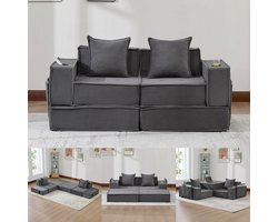 Multifunctionele 2-Zits Bank, Moderne Tweepersoons Slaapbank met een Comfortabele Stoffen Bank en twee Kussens, Een Stijlvolle, Decoratieve Voetenbank met Opbergruimte aan de Zijkant en Bekerhouders-Donkergrijs