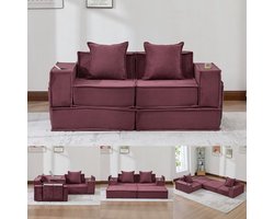 Multifunctionele 2-Zits Bank, Moderne Tweepersoons Slaapbank met een Comfortabele Stoffen Bank en twee Kussens, Een Stijlvolle, Decoratieve Voetenbank met Opbergruimte aan de Zijkant en Bekerhouders, Ideaal voor Leeshoekjes, Speelkamers, enz.-Rood