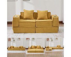 Multifunctionele 2-Zits Bank, Moderne Tweepersoons Slaapbank met een Comfortabele Stoffen Bank en twee Kussens, Een Stijlvolle, Decoratieve Voetenbank met Opbergruimte aan de Zijkant en Bekerhouders-Geel