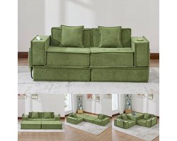 Multifunctionele 2-Zits Bank, Moderne Tweepersoons Slaapbank met een Comfortabele Stoffen Bank en twee Kussens, Een Stijlvolle, Decoratieve Voetenbank met Opbergruimte aan de Zijkant en Bekerhouders-Groente