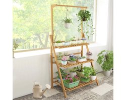 Multifunctionele Bamboe Plantenstandaard met Drie Lagen voor Binnen en Buiten - Plantenrek voor Bloempotten en Hangers