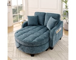 Multifunctionele bank 2-in-1 slaapbank, blauw - 2-in-1 zit- en slaapfunctie - Ingebouwde opbergpoef - Ruimtebesparend ontwerp - Ademende, huidvriendelijke stof - Milieuvriendelijk eucalyptushout