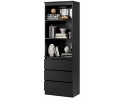 Multifunctionele Boekenkast met 3 Lades en 3 Legplanken, 180 cm Hoog, Zwarte Houten Kast voor Woonkamer, Kantoor of Slaapkamer