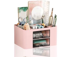 Multifunctionele Bureau Organizer met Lade, Pennenhouder met 7 Compartimenten voor Kantoorbenodigdheden, Plastic Bureau Organizer voor Stationaire Accessoires (Roze)