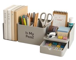 Multifunctionele bureau-organizer met ruimte voor pennen, uittrekbare lades en stijlvolle afwerking
