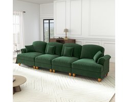 Multifunctionele Chenille 4-Zits Sofa – Afneembare Volant – Hoogwaardige Houten Poten – Hoge Dichtheid Schuim & Flexibel Kussen – Met Armleuningen en 4 Kussens – Voor 4 Personen – Mid-Century Elegant & Modern - Groen