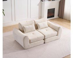 Multifunctionele chenille slaapbank – modulair en opvouwbaar ontwerp – 2 kussens en armleuningen – comfortabele 2-in-1 bank en bed – geschikt voor 2 personen – bank, chaise longue en logeerbed – ideaal voor appartement en kleine ruimtes – Crèmewit