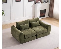 Multifunctionele chenille slaapbank – modulair en opvouwbaar ontwerp – 2 kussens en armleuningen – comfortabele 2-in-1 bank en bed – geschikt voor 2 personen – bank, chaise longue en logeerbed – ideaal voor appartement en kleine ruimtes – Groen