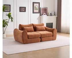 Multifunctionele chenille slaapbank – modulair en opvouwbaar ontwerp – 2 kussens en armleuningen – comfortabele 2-in-1 bank en bed – geschikt voor 2 personen – bank, chaise longue en logeerbed – ideaal voor appartement en kleine ruimtes – Oranje