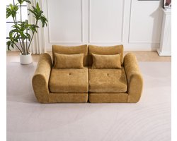 Multifunctionele chenille slaapbank – modulair en opvouwbaar ontwerp – 2 kussens en armleuningen – comfortabele 2-in-1 bank en bed – geschikt voor 2 personen – bank, chaise longue en logeerbed – ideaal voor appartement en kleine ruimtes – Geel