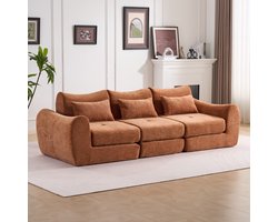Multifunctionele Chenille Slaapbank – Opvouwbaar – Geschikt voor 3 Personen – Met 3 Kussens en Armleuningen – Comfortabel 3-in-1 Ontwerp – Te Gebruiken als Sofa, Ligstoel en Logeerbed – Ideaal voor Appartementen of Kleine Ruimtes – Oranje
