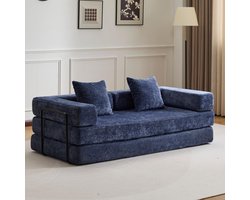 Multifunctionele Chenille Slaapbank – Slaapbank met Vast Frame – Opvouwbaar, Met 2 Kussens en Armleuningen – Comfortabel 4-in-1 Ontwerp – Voor 2 Personen – Bank, Lounger, Logeerbed – Geschikt voor Appartementen of Kleine Ruimtes - Donkerblauw