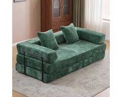 Multifunctionele Chenille Slaapbank – Slaapbank met Vast Frame – Opvouwbaar, Met 2 Kussens en Armleuningen – Comfortabel 4-in-1 Ontwerp – Voor 2 Personen – Bank, Lounger, Logeerbed – Geschikt voor Appartementen of Kleine Ruimtes - Donkergroen