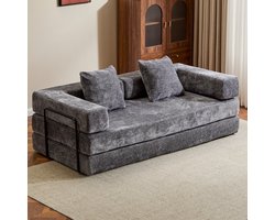 Multifunctionele Chenille Slaapbank – Slaapbank met Vast Frame – Opvouwbaar, Met 2 Kussens en Armleuningen – Comfortabel 4-in-1 Ontwerp – Voor 2 Personen – Bank, Lounger, Logeerbed – Geschikt voor Appartementen of Kleine Ruimtes - Donkergrijs
