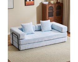 Multifunctionele Chenille Slaapbank – Slaapbank met Vast Frame – Opvouwbaar, Met 2 Kussens en Armleuningen – Comfortabel 4-in-1 Ontwerp – Voor 2 Personen – Bank, Lounger, Logeerbed – Geschikt voor Appartementen of Kleine Ruimtes - Lichtblauw
