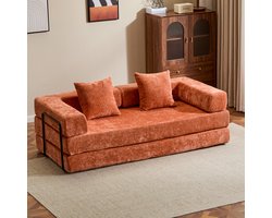 Multifunctionele Chenille Slaapbank – Slaapbank met Vast Frame – Opvouwbaar, Met 2 Kussens en Armleuningen – Comfortabel 4-in-1 Ontwerp – Voor 2 Personen – Bank, Lounger, Logeerbed – Geschikt voor Appartementen of Kleine Ruimtes - Oranje