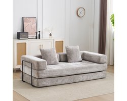 Multifunctionele Chenille Slaapbank–Vaste Framebank–Opvouwbaar met 2 Kussens en Armleuningen–Comfortabel 2-in-1 Ontwerp–Geschikt voor 2 Personen–Te Gebruiken als Logeerbed, Bank en Ligstoel–Ideaal voor Woonkamer, Appartement of Kleine Ruimtes-grijs